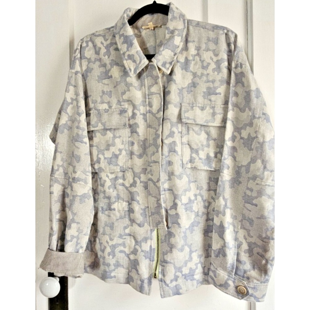 Mystree full zip shirt jacket animal print cinched waist woman blue Sz L gauze